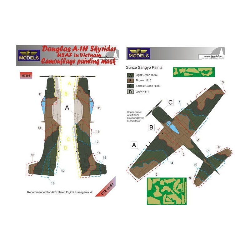 Douglas A-1H Skyraider USAF in Vietnam Camouflage pattern Paint mask (conçu pour être utilisé avec les kits Airfix, Fujimi, Hase