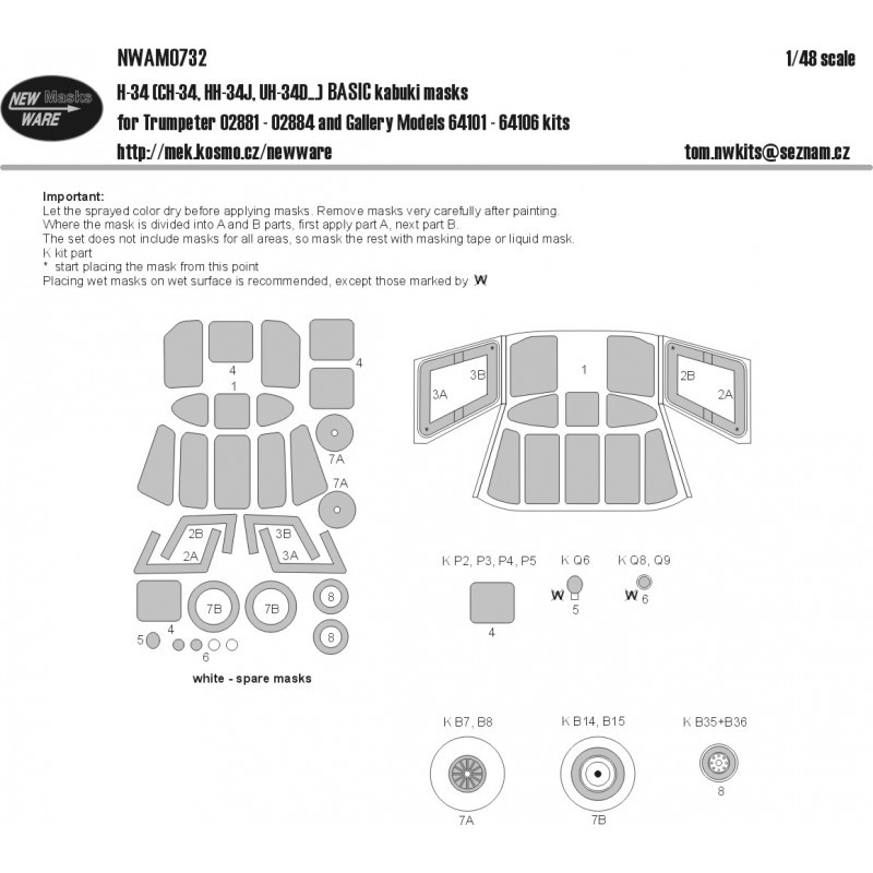 Sikorsky H-34 BASIC kabuki masques fenêtres, autres pièces transparentes, roues (conçu pour être utilisé avec les kits Gallery e