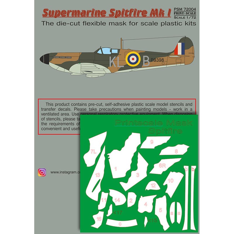 Supermarin Spitfire Mk.I includes camouflage pattern paint mask and decals.Supermarine Spitfire Mk l, P9398, KL-B of No 54 Squad