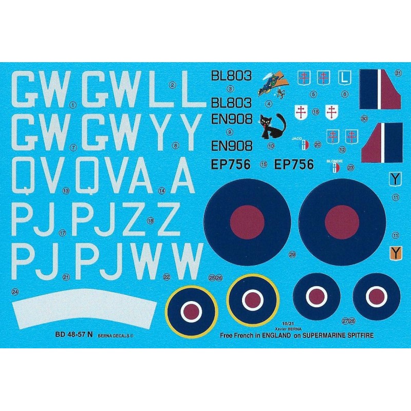 Décal Réédition : Supermarine Spitfire Mk.Vb free français (Leblond 130 Sqn, Andrieux 130 Sqn, Fuchs 19 Sqn, Mouchotte 340 Sqn,