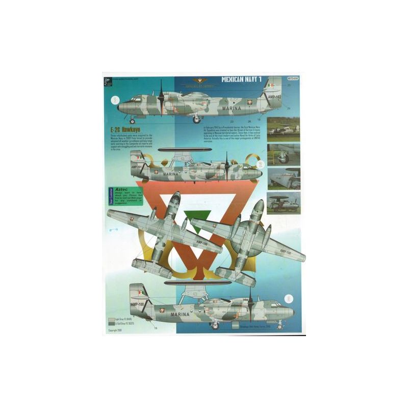 Décal Marine mexicaine partie 1. Grumman E-2C Hawkeye ; Mentor Beechcraft T-34A ; Canard Grumman J2F-2 ; Martin-pêcheur Vought O