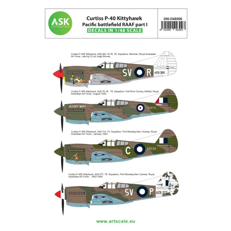 Décal Curtiss P-40E Kittyhawk champ de bataille du Pacifique RAAF partie I