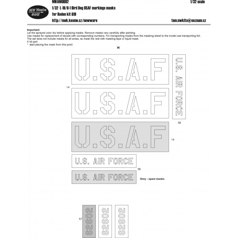 Masques de marquage Cessna L.19/O-1 Bird Dog USAF en remplacement des décalcomanies USAF, US AIR FORCE et 62602 (conçus pour êtr