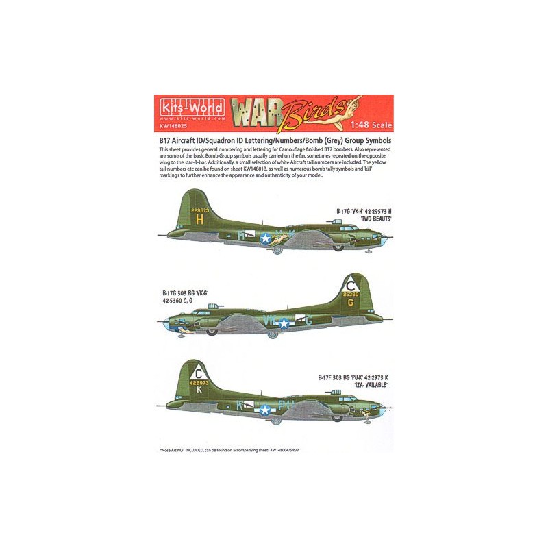Décal Marquages généraux Boeing B-17F/B-17G Flying Fortress - Numéros d'identification et lettrage des aéronefs (finition camo