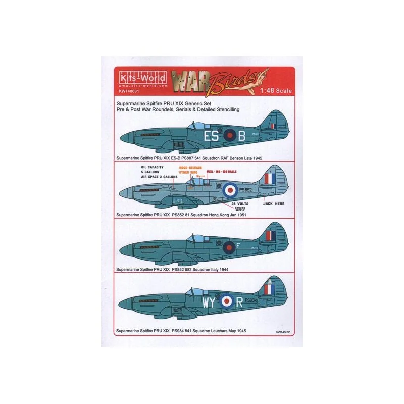 Décal Supermarine Spitfire Mk.XIX. Comprend des cocardes d'avant et d'après-guerre, des séries génériques et des pochoirs détail