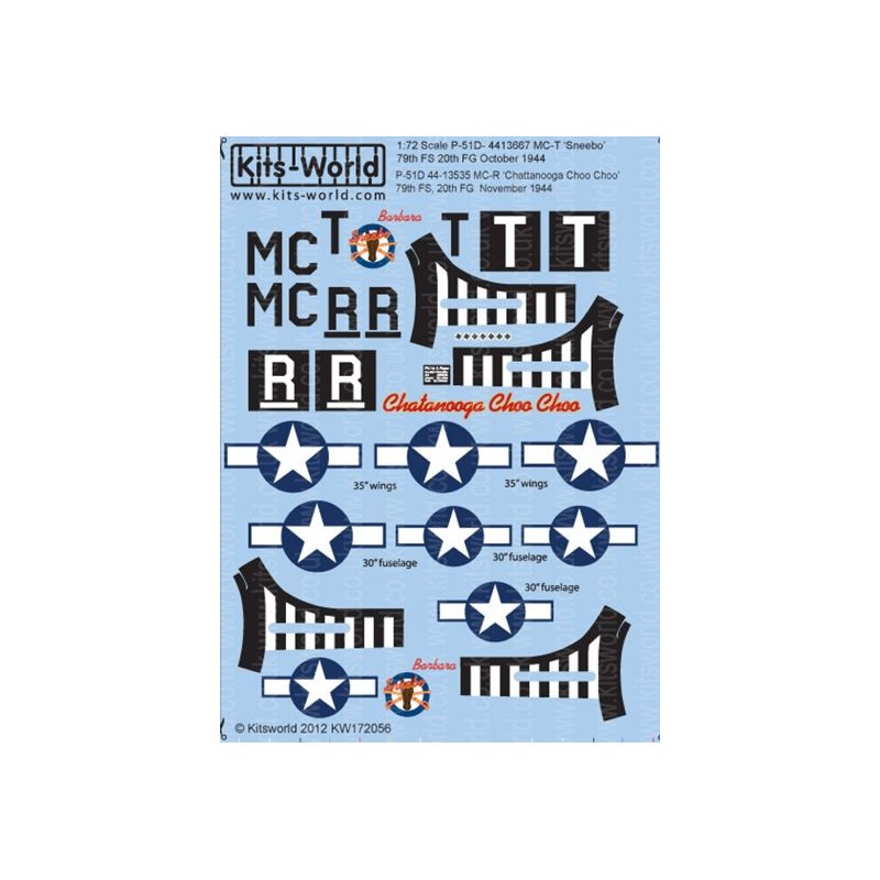 Décal North-American P-51D Mustang 44-13535 MC-R 'Chattanooga Choo Choo' 79th FS, 20th FG novembre 1944 P-51D- 4413667 MC-T 'Sne